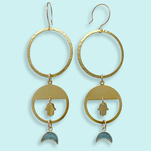 Hamsa and Amazonite Moon Earrings