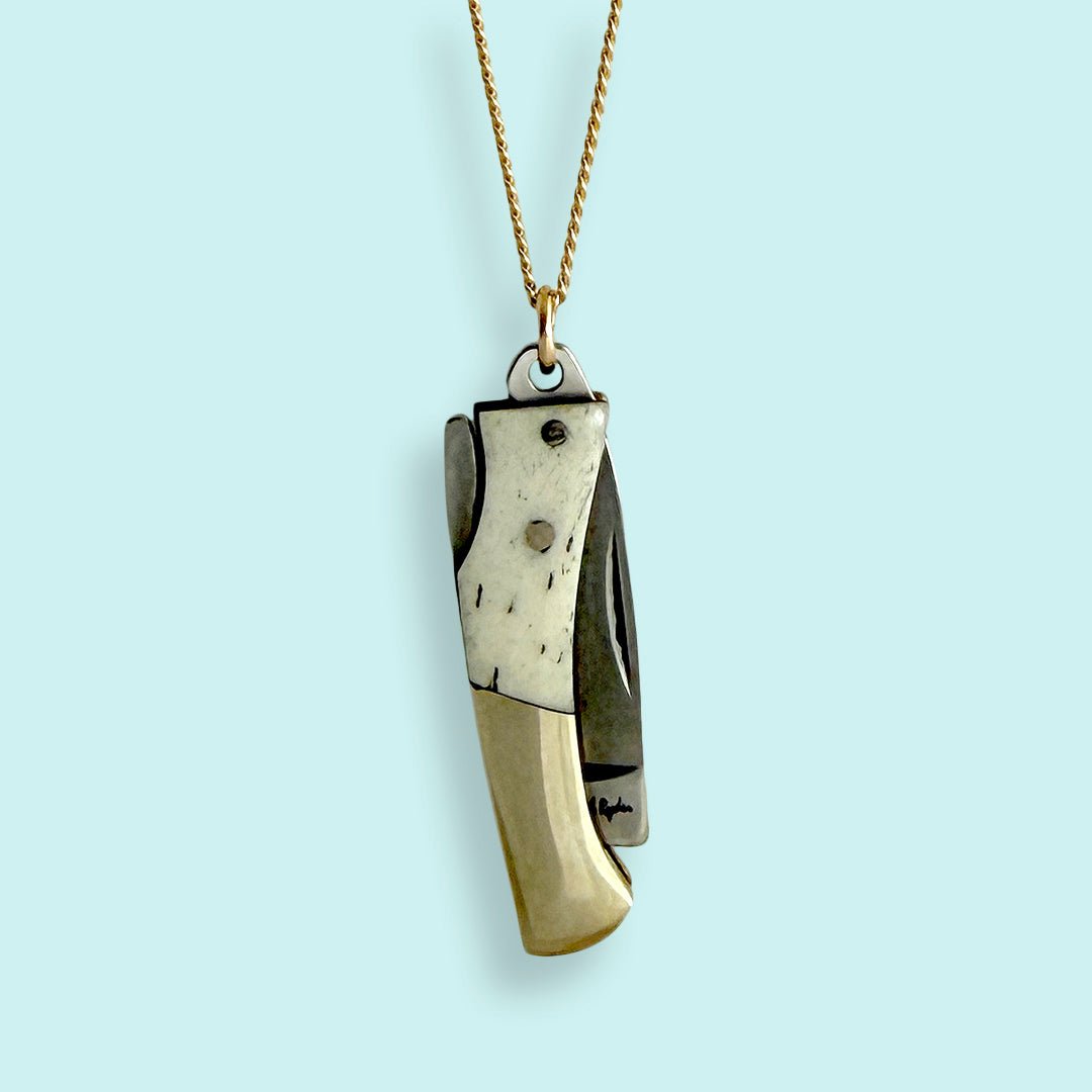 Curvilinear Bone Lockback Knife on Gold Chain Necklace - Ornamental Things