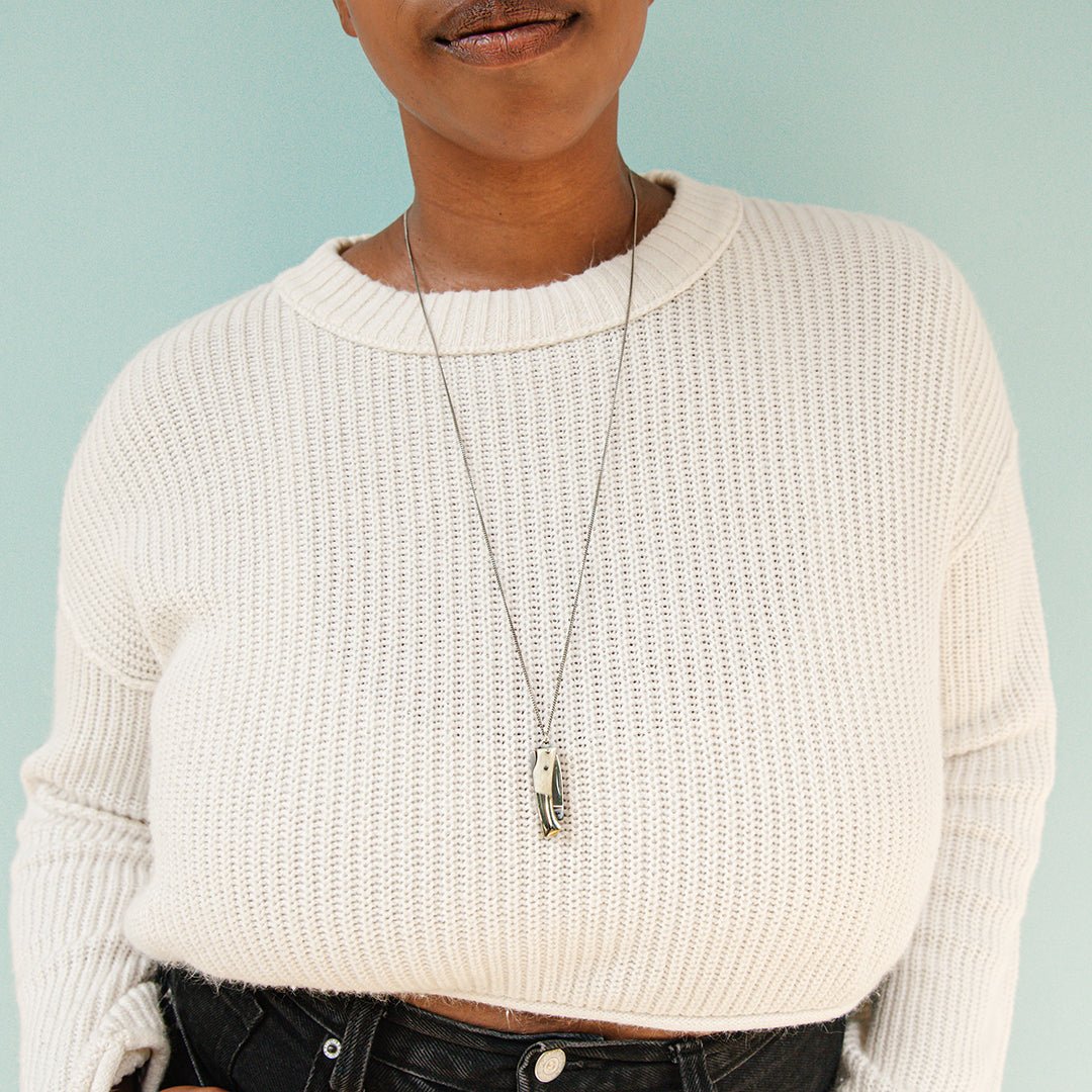 Curvilinear Bone Lockback Knife on Silver Chain Necklace - Ornamental Things