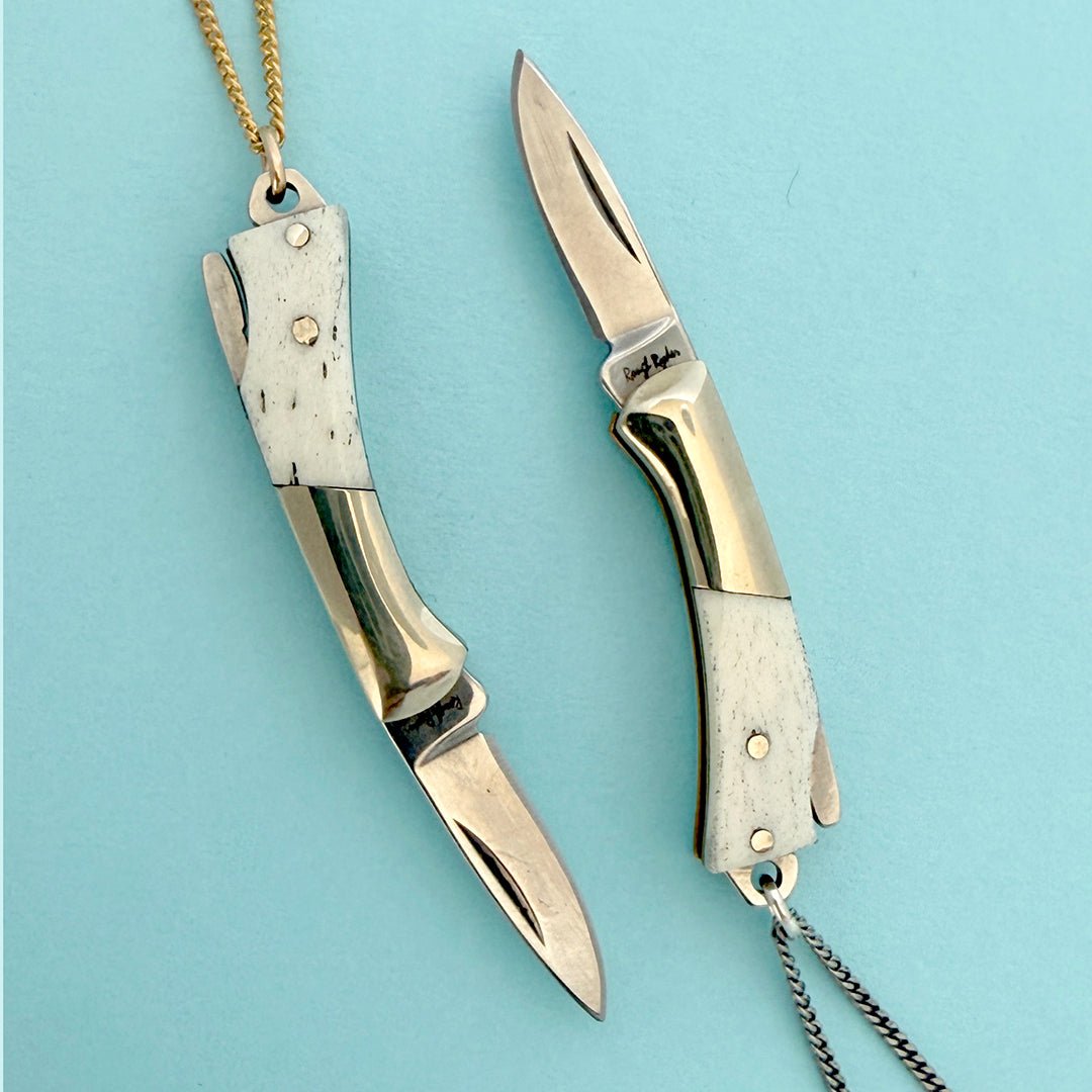 Curvilinear Bone Lockback Knife on Silver Chain Necklace - Ornamental Things