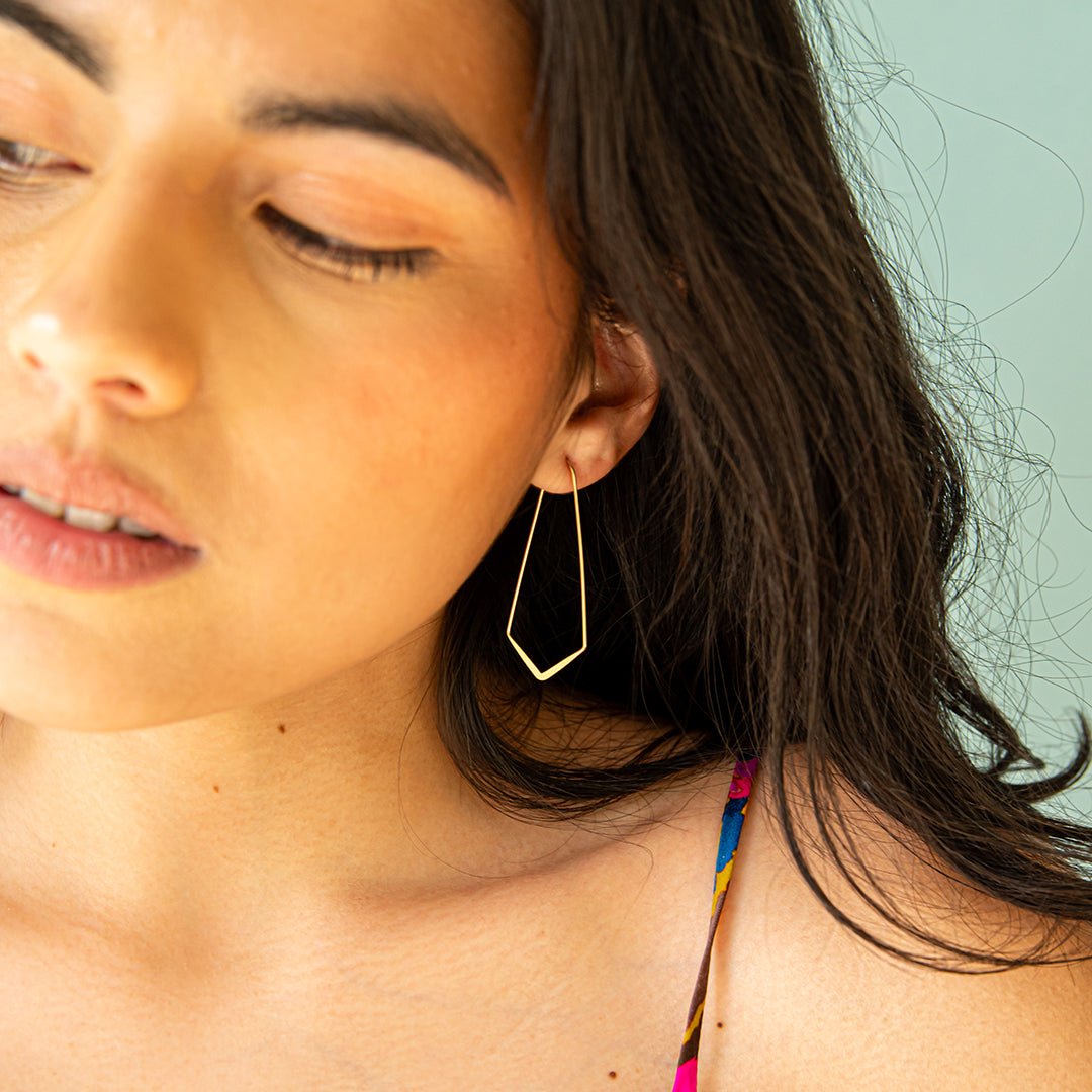 Gold Elongated Diamond Shape Wire Hoop Earrings - Ornamental Things