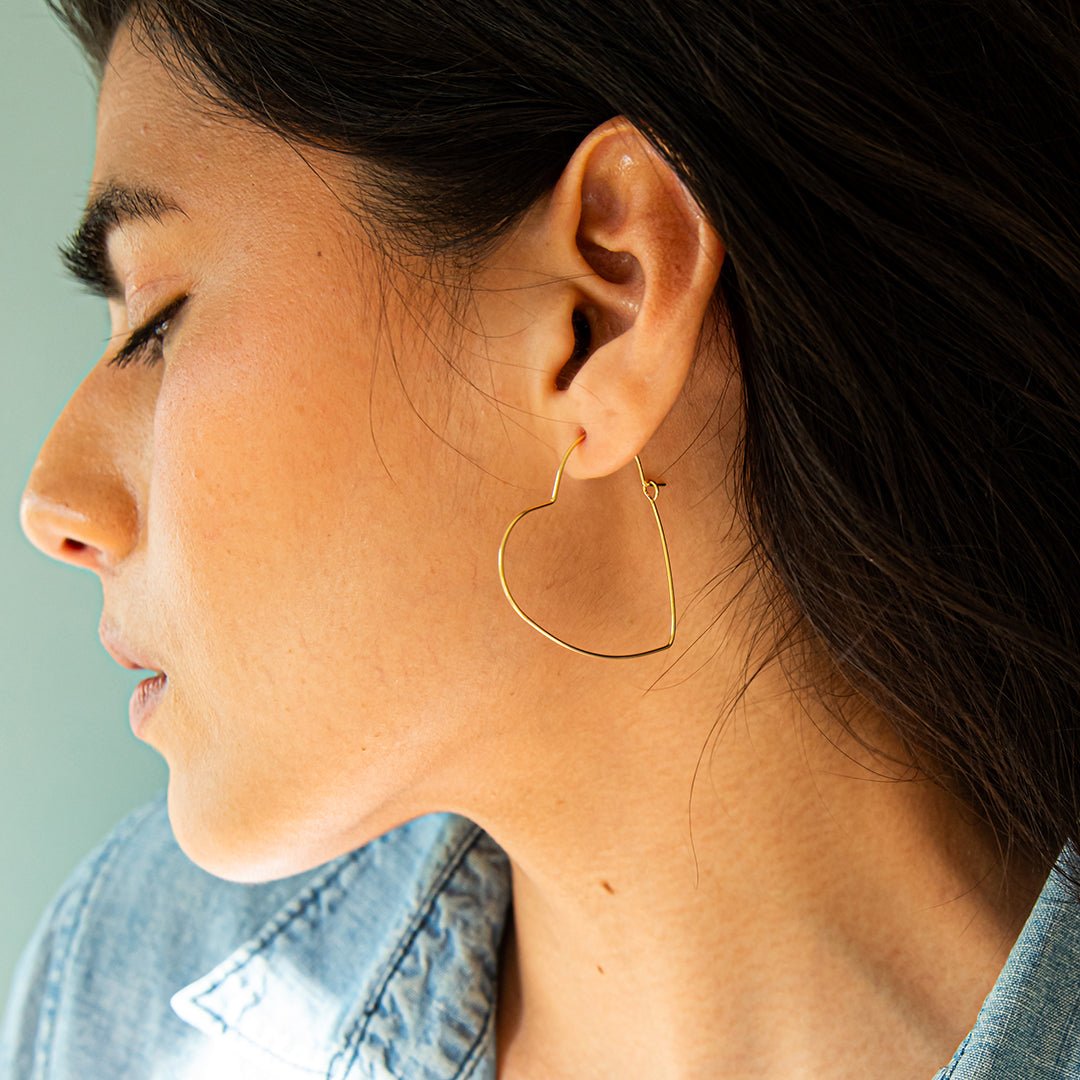 Gold Heart Shape Wire Hoop Earrings - Ornamental Things