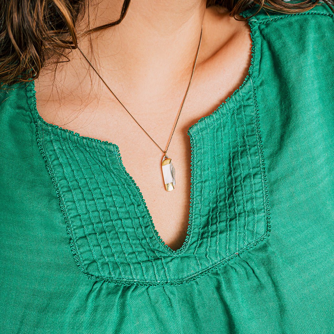 Tiny Pearl Handle Knife on Brass Chain Necklace - Ornamental Things