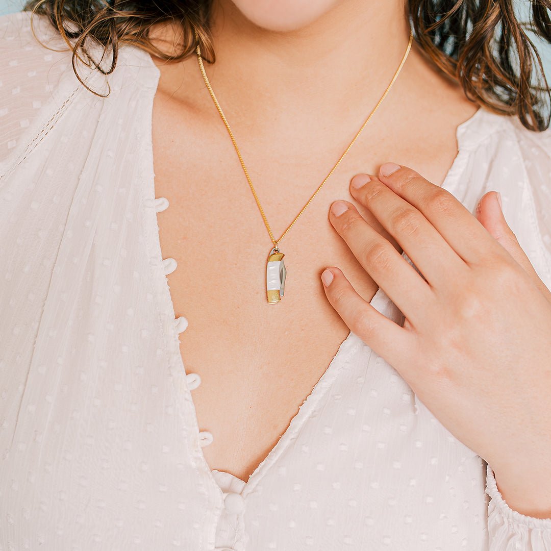 Tiny Pearl Handle Knife on Gold Chain Necklace - Ornamental Things