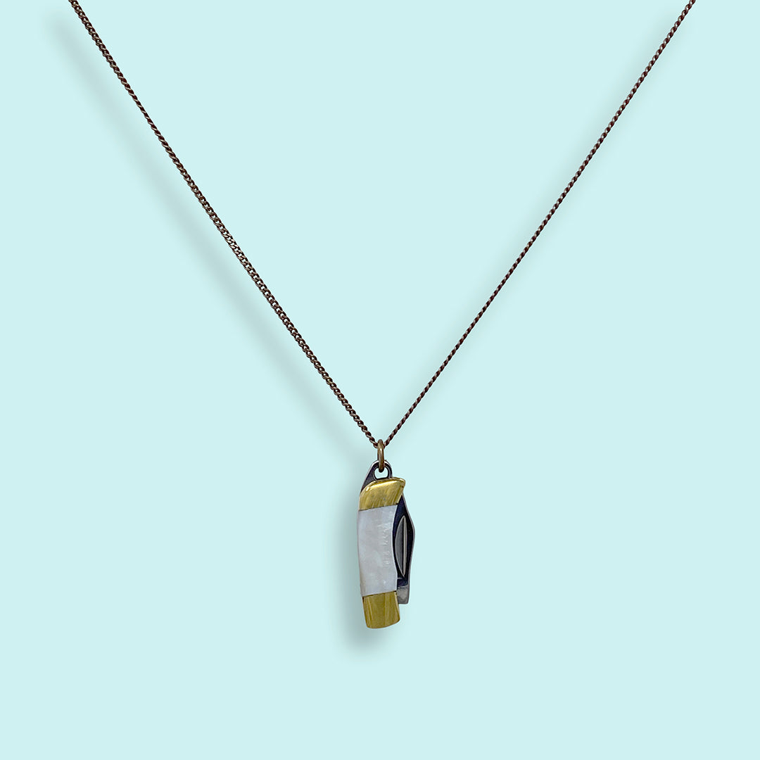 Tiny Pearl Handle Knife on Brass Chain Necklace